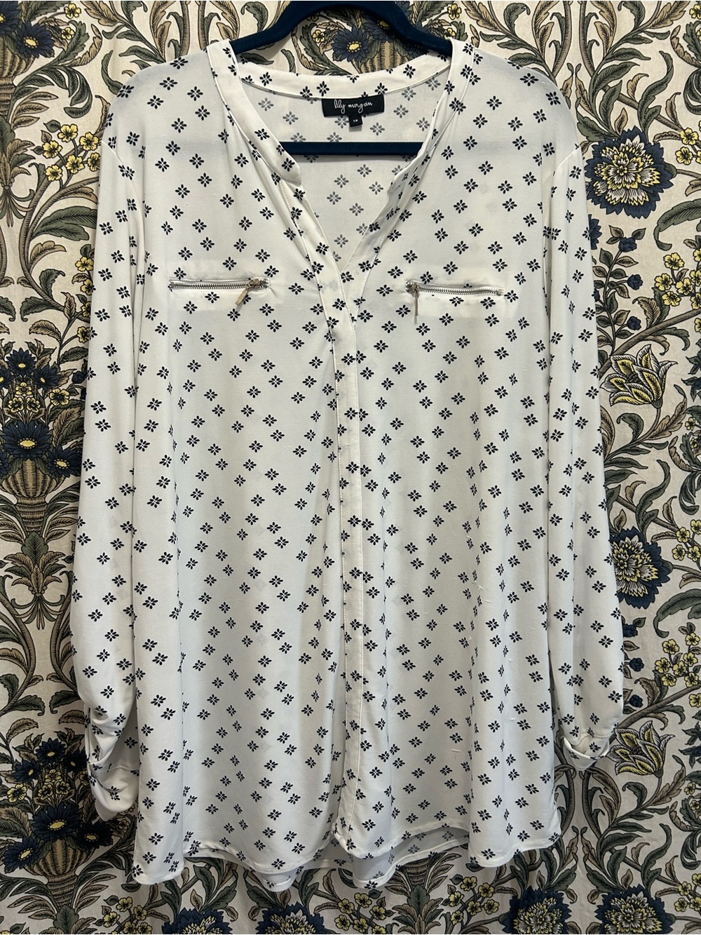 Lily Morgan Patterned Long-Sleeve V-Neck Blouse